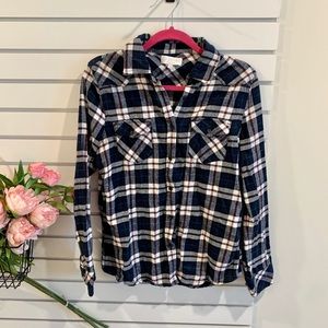 Navy & white flannel shirt with green & red detail